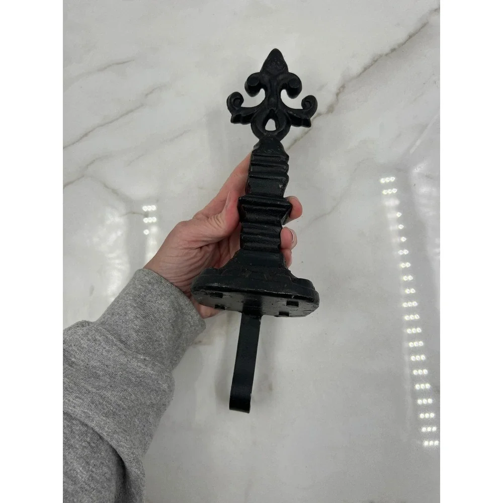 VTG Cast Iron Christmas Stocking Holder Mantel Hook Black Leaf Finial 12in
